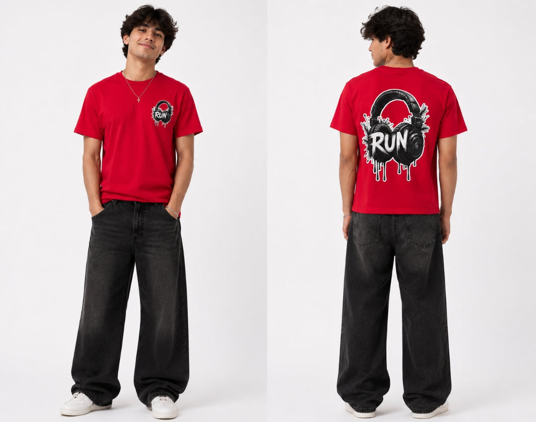 Red oversized T-shirt with a black and white headphones graphic and "RUN" text