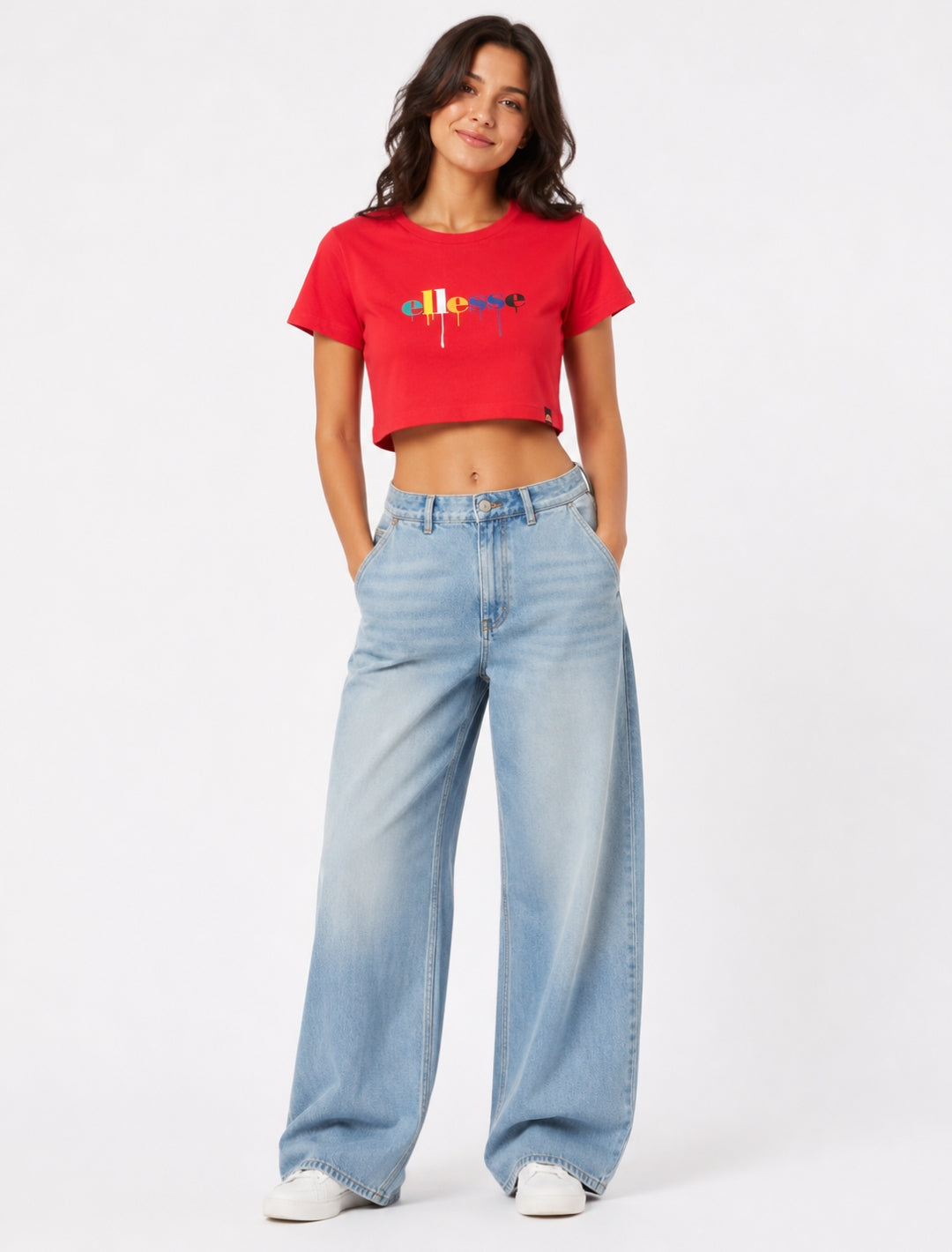Red Cropped T-shirt with a multicolour "Ellesse" Graphic print and Short sleeves