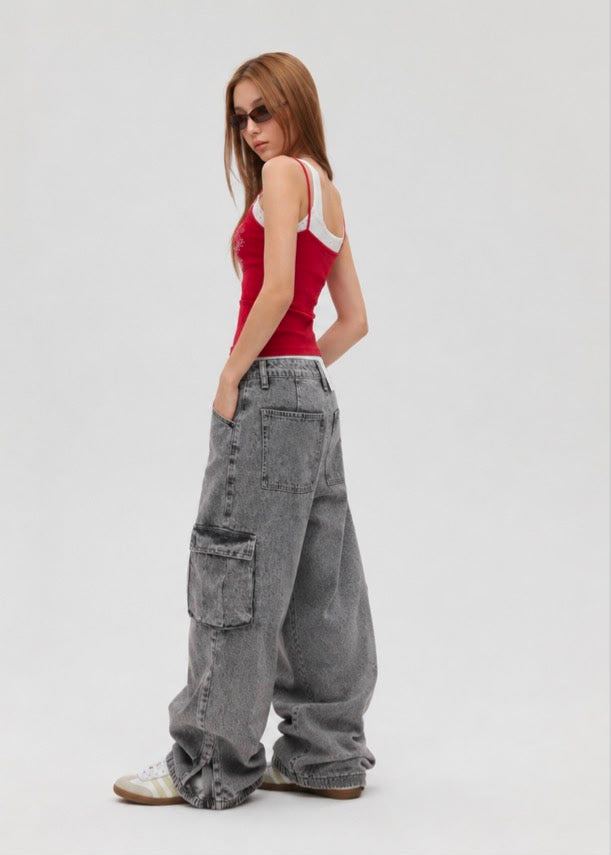 Zaccleuise Women's Wide Leg Acid Wash Cargo Jeans