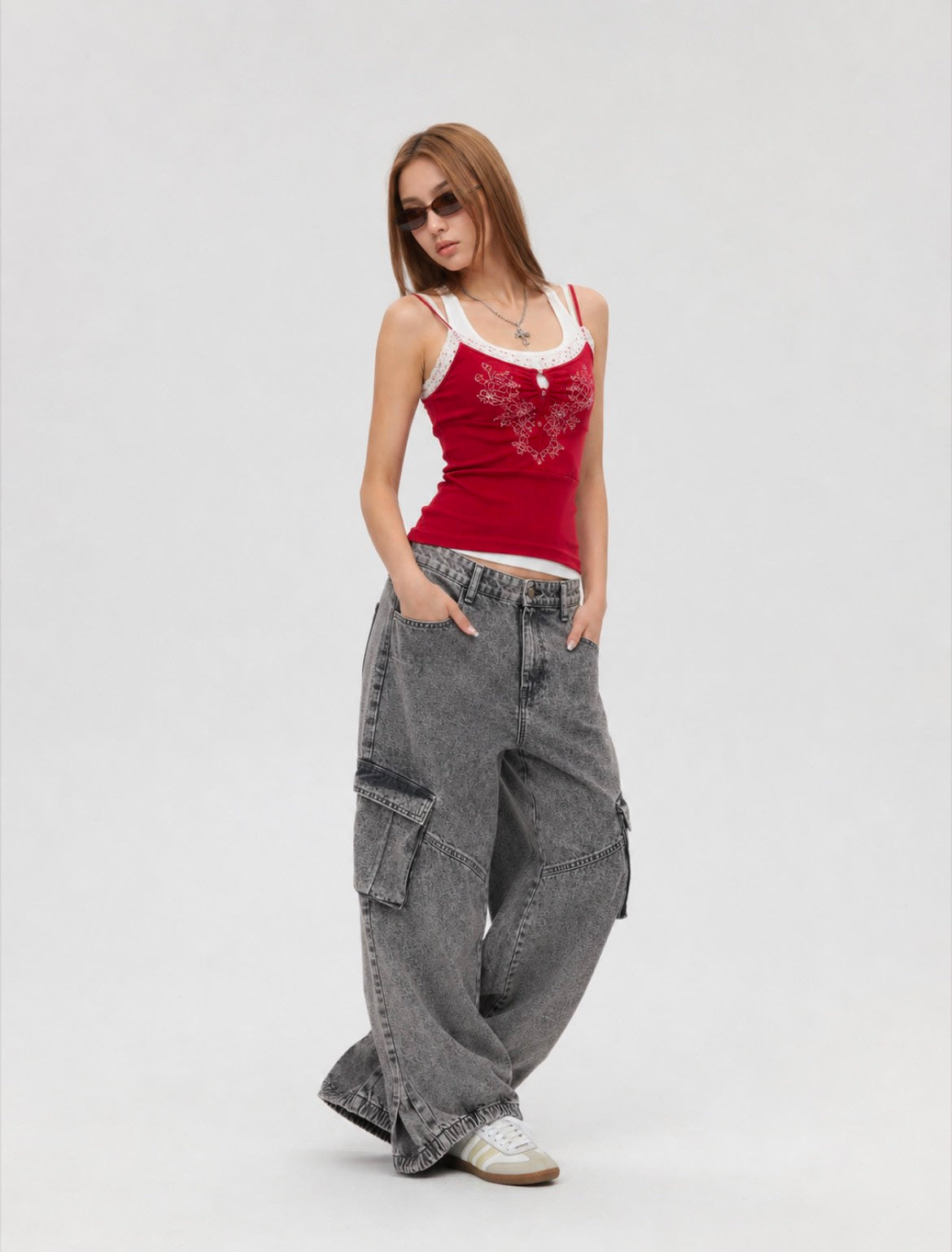 Zaccleuise Women's Wide Leg Acid Wash Cargo Jeans