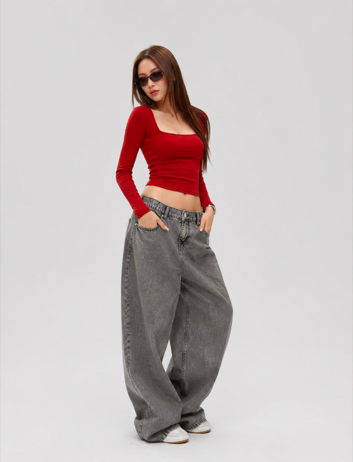 Zaccleuise Slouchy Baggy Low-Rise Jeans - Washed Charcoal Grey