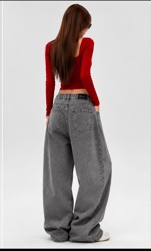 Zaccleuise Slouchy Baggy Low-Rise Jeans - Washed Charcoal Grey